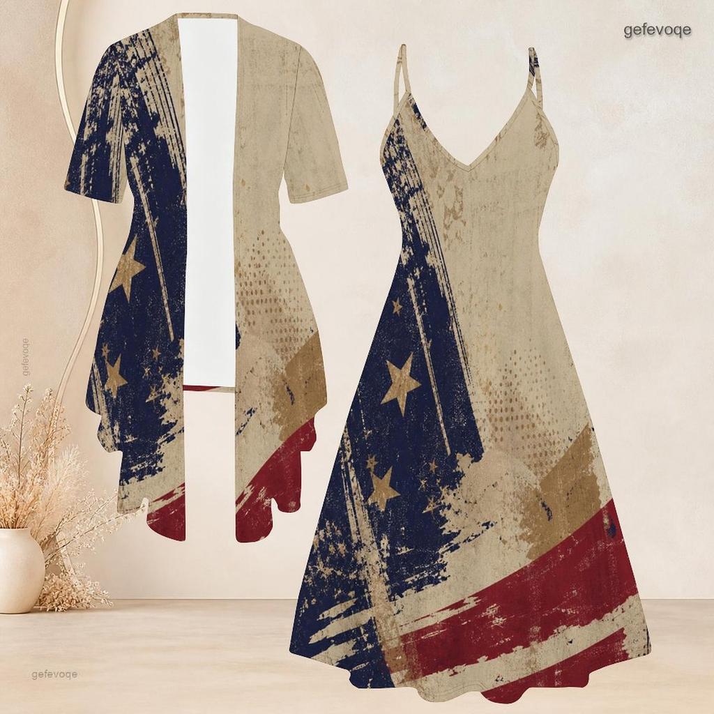 Women Plus Size American Flag Printed Two Piece Set V Neck Strappy Flared Dress Short Sleeve Cardigan