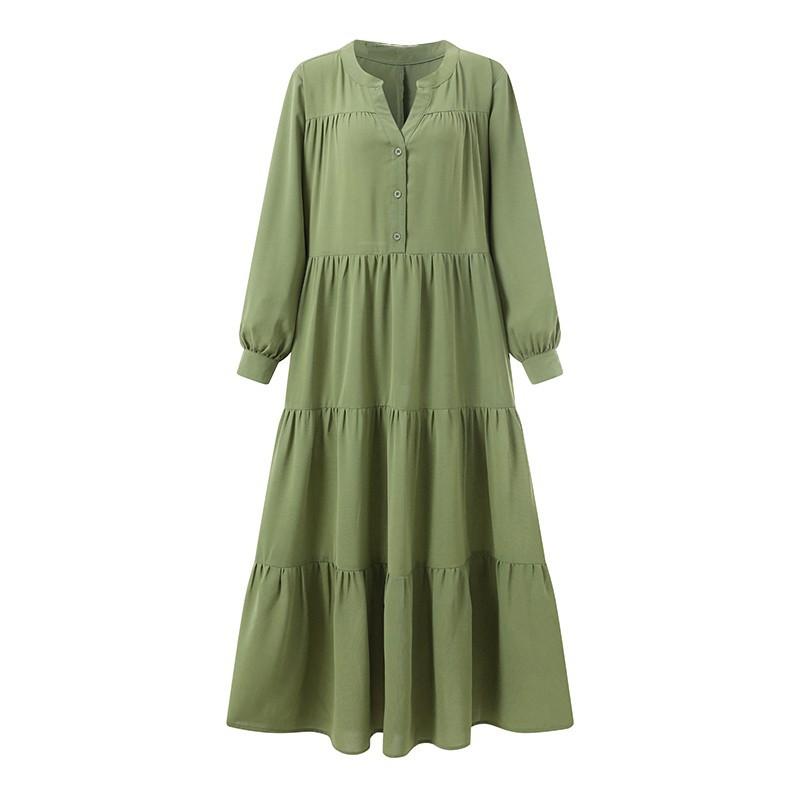 Swing Dress Women - Long Sleeve V-Neck Ruffled Maxi Boho Loose Fit Work To Weekend