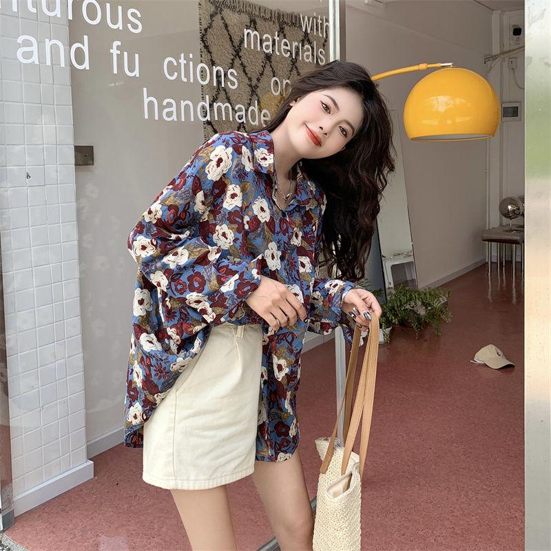 Port-style Floral Shirt for Women Retro Long-sleeved Loose and Lazy-style Printed Top Coat