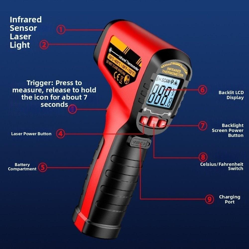 LCD Display Digital Temperature Meter -50℃ To 400℃ Laser Pyrometer for 300mAh Kitchen