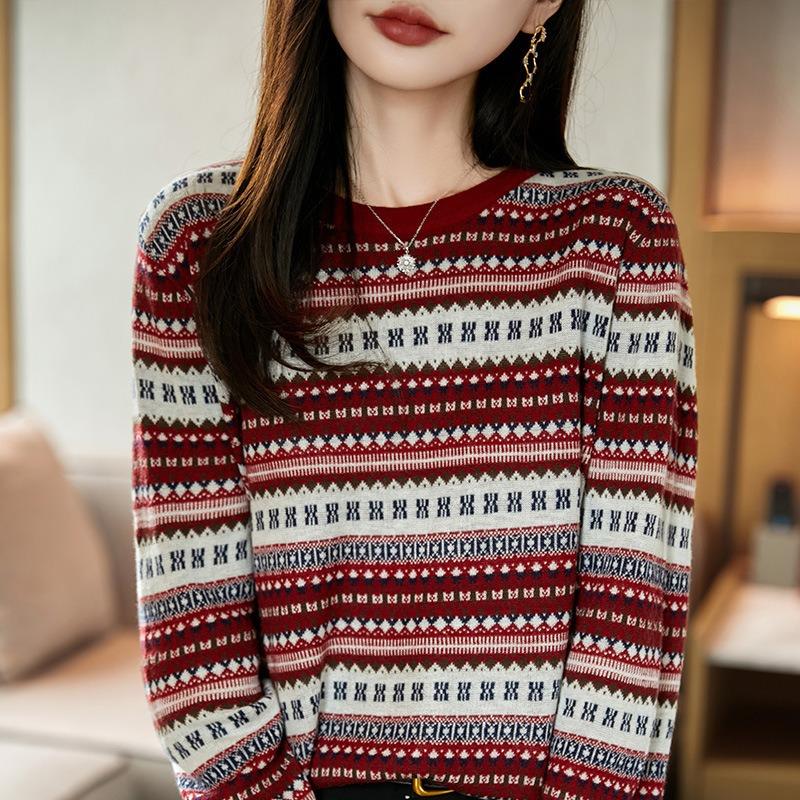 Autumn Winter Vintage Ethnic Women S Round Neck Knitted Sweater