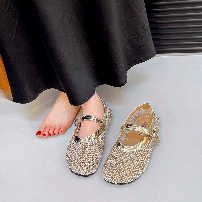 Fashion Cutout Mesh Mary Jane Women's Shoes Summer New Fashion Rhinestone Round Toe Mesh Breathable Strap Flat Single Shoes