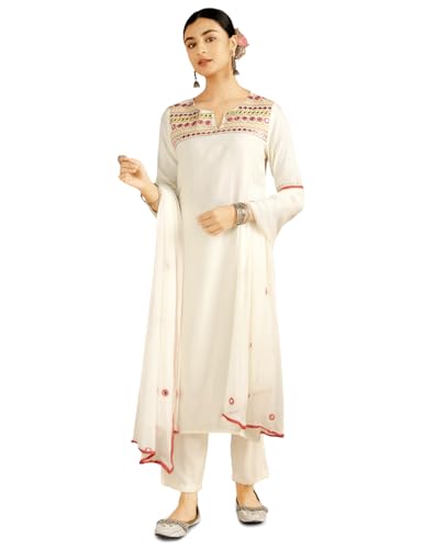 Kaari Women?s Embroidered Kurta Set with Dupatta | Straight Fit Pant Set