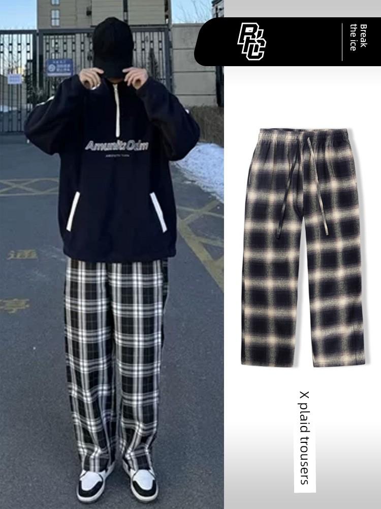 Plaid Pants Loose Straight High Street New Versatile Casual Sports Sweatpants with a Vertical Feel Black and White Basketball Long Pants for Men