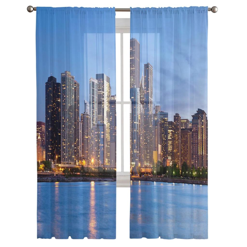 City Sea Evening Tulle Curtains for Bedroom Hall Living Room Decor Chiffon Curtain for Balcony Kitchen Home Drapes