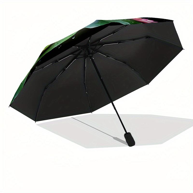 Frog under a for Lotus Leaf - An 8-ribbed, plastic handle, auto-open folding umbrella, portable, ideal for shopping, travel, and daily use.