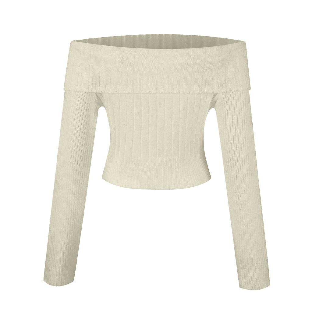 Женская мода, повседневный однотонный сексуальный плиссированный тонкий топ с прямыми плечами, новый сексуальный вязаный свитер с одним вырезом и длинными рукавами