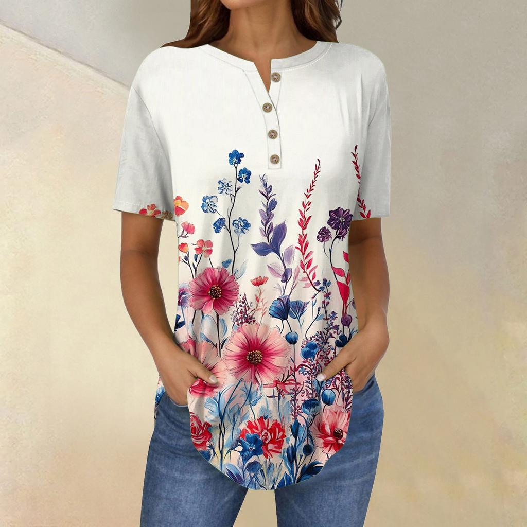 Short Sleeve Womens Tops Summer T-Shirts Floral Print V Neck Casual Basic Tee Button Shirts Tunic Tops