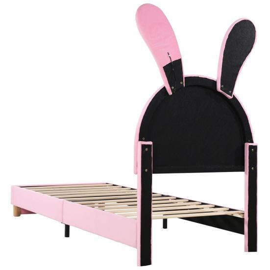 Upholstered Bed 90x200, with Two Storage Stools, LED Bedside Light, Fold-Out Bunny Ears, No Mattress, Youth Bed, Slatted Frame, Height-Adjustable