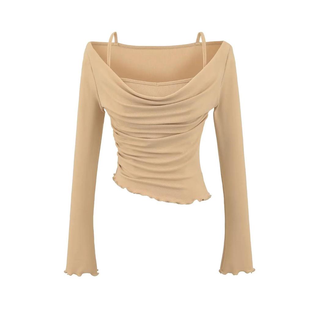 Женский американский пикантный двухсекционный кроп-топ с открытыми плечами и длинным рукавом - Стиль блогера Весна/Осень, Базовый слой, облегающий.
