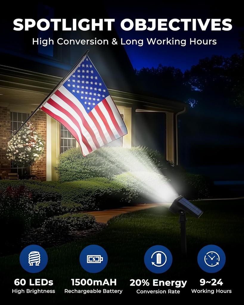 Solar Lights Outdoor 60LED 3 Modes IP67 Waterproof, 2-in-1 Spot Lights for Yard Garden Pathway (Cool White, 4 Pack)
