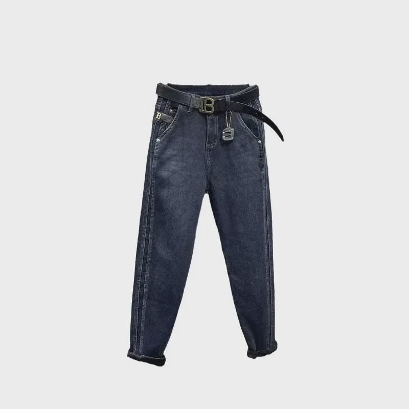 Синие джинсы-шаровары из эластичного бархата с высокой талией для женщин — облегающие, свободные брюки-папы Nine-Point Daddy для осени/зимы 2023 г.