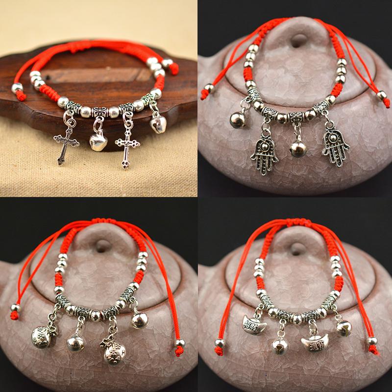 Simple Silver Retro Ethnic Style Anklet Female Beaded Red Rope Ankle Girl Accessories