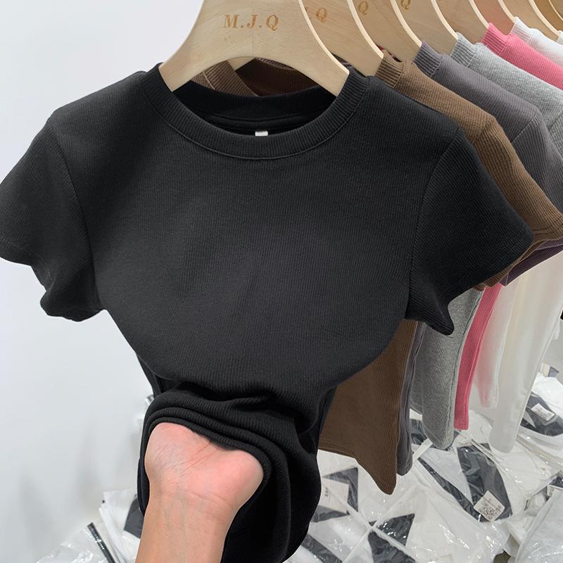 Ice Silk Mask T-shirt Women's Summer Short Sleeve New Slim Fit Round Neck Stacked Short Bottoming Knitted Top