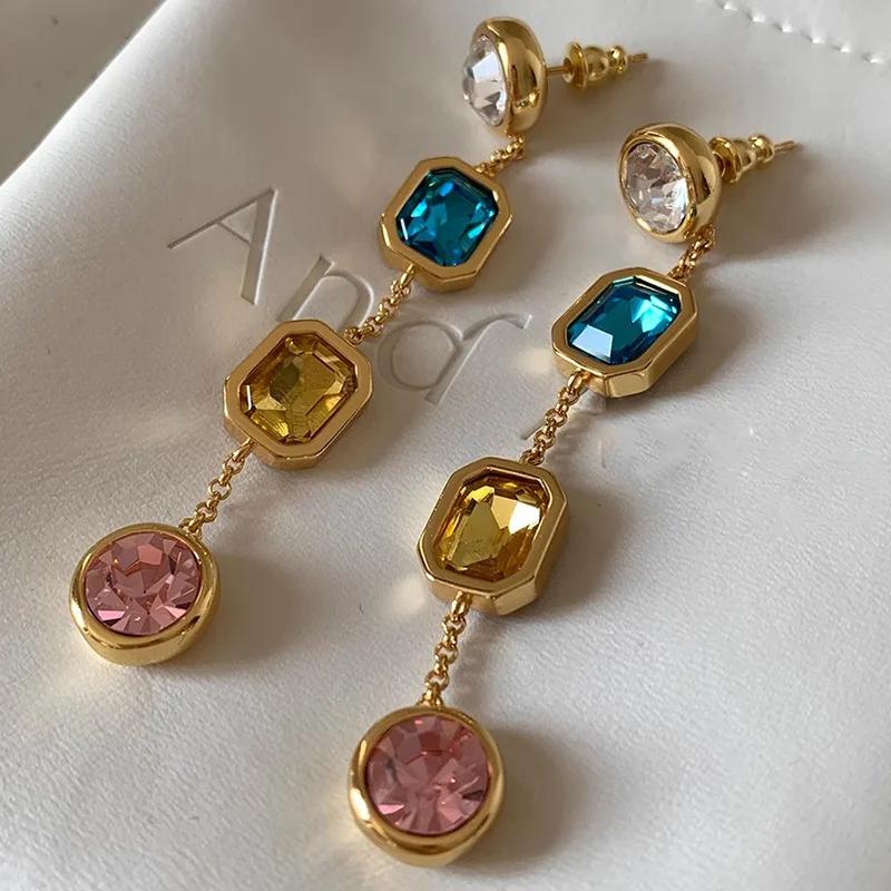 Retro Multi-color Crystal Long Geometric Drop Earrings for Women Fashionable Elegant Jewelry Gifts