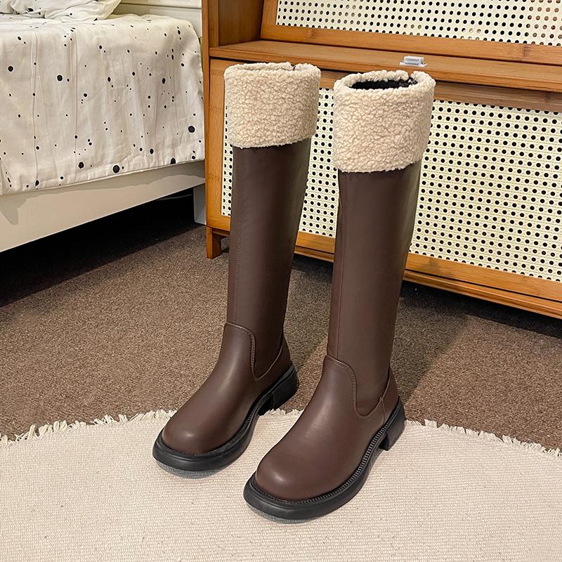 Thick Sole Long Barrel Knight Boots Women's Shoes 2024 New Autumn and Winter Plush Cotton Boots Snow Boots