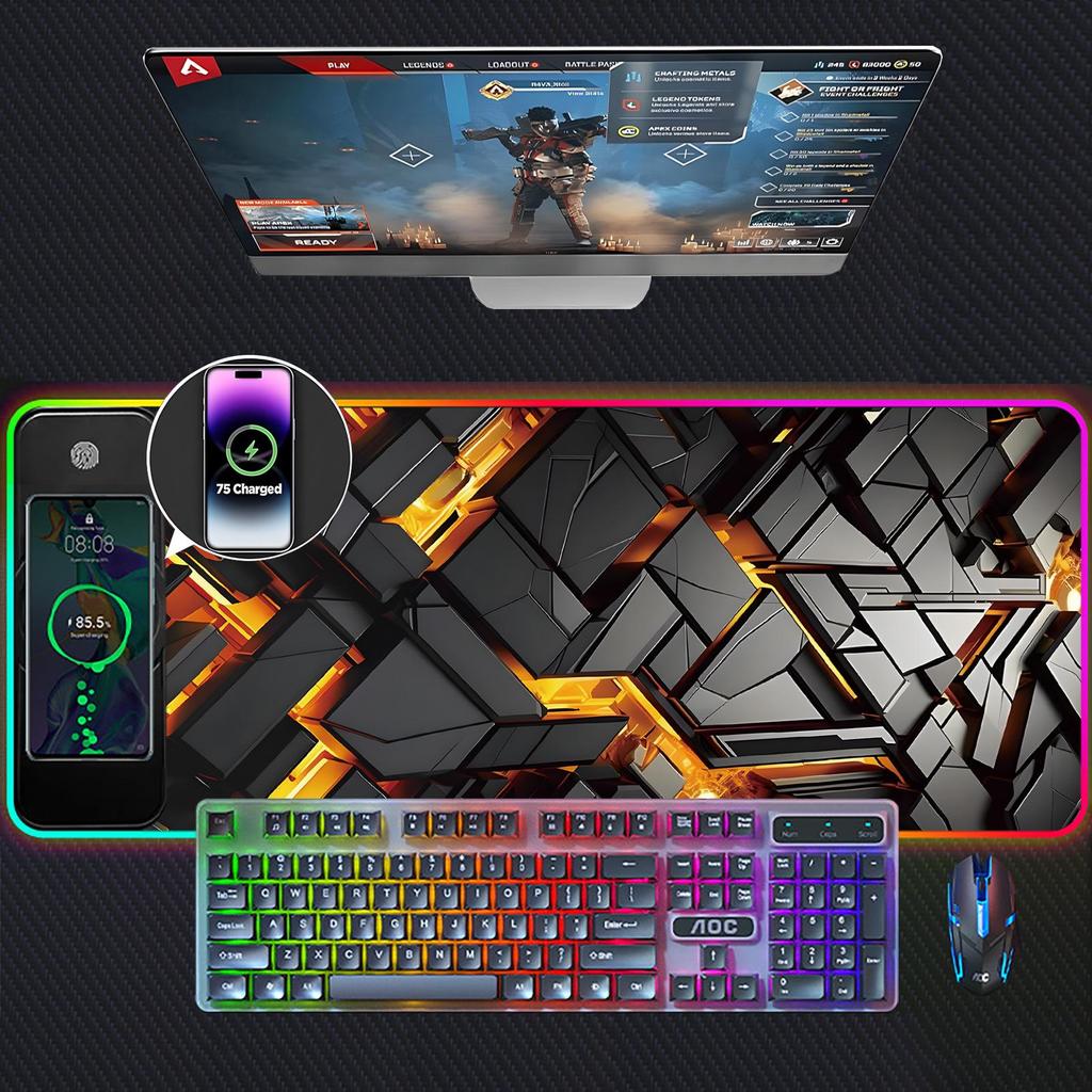 Black RGB Wireless Charging Mouse Pad, 15W, Large, Rainbow Luminous for Gaming/Office