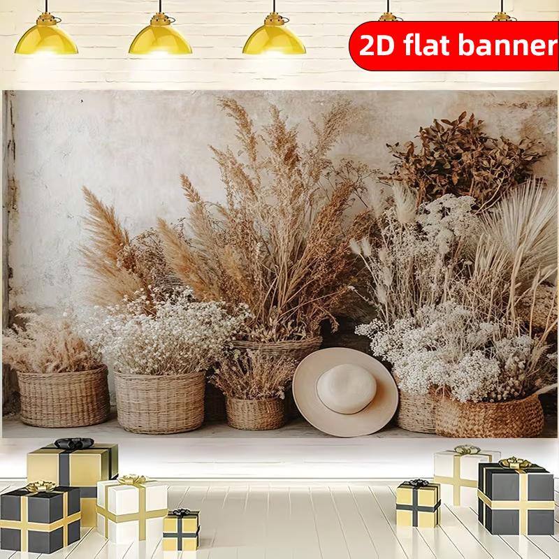 2D flat banner polyester Nordic style dried flower pattern decoration banner birthday party decoration background cloth