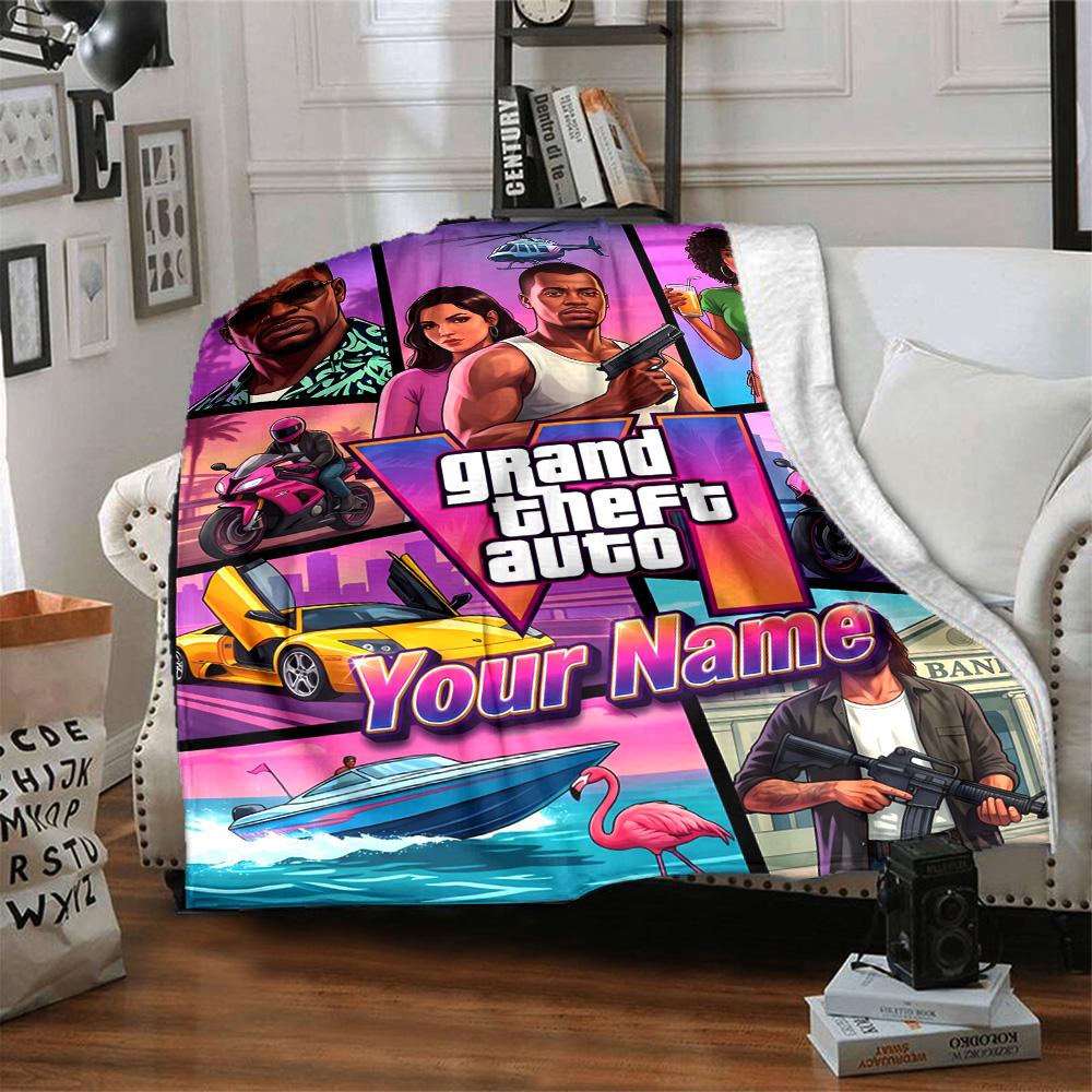 1pc Personalized Name GTA Blanket, Gift, for Men and Women, Soft Blanket, Good for Sofa Bed Couch Travel, Lightweight Flannel Blanket
