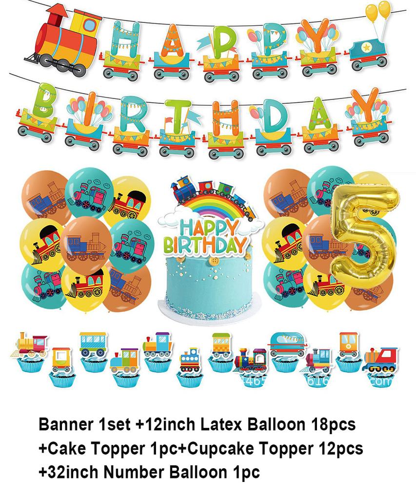 Cartoon Train Theme Birthday Party Decoration Number Balloons Cake Topper Transportation Vehicles Backdrop Banner Party Supplies