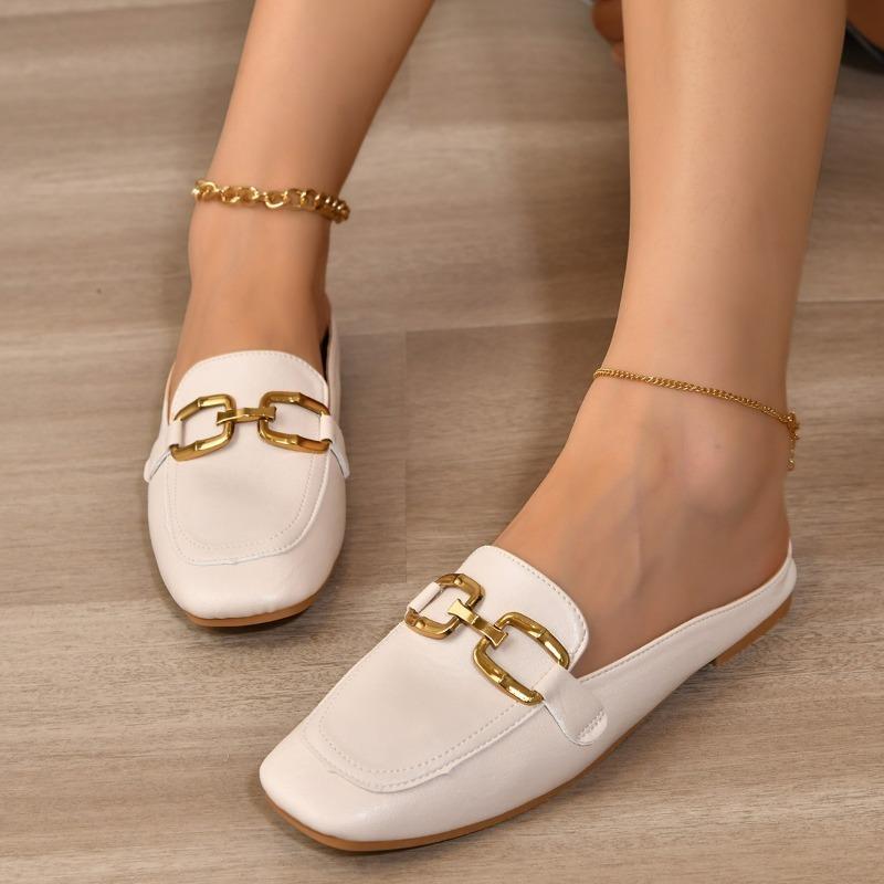 Тапочки Baotou Half Slippers Женская обувь в британском стиле Модные металлические пряжки Украшенные средним каблуком Повседневные шлепанцы Весна Лето Ленивые тапочки