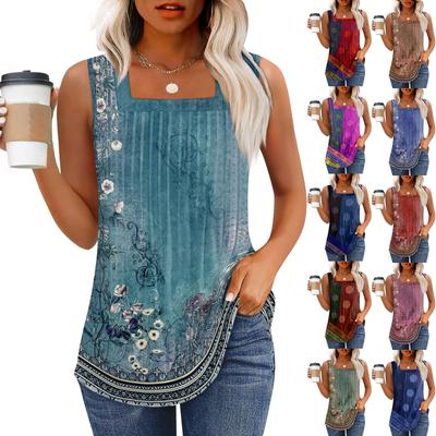 Майка для женщин Летние наряды Без рукавов Блузки с принтом Повседневные свободные рубашки Плиссированные квадратные вырезы