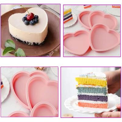 Силиконовые формы для выпечки радужного торта в форме сердца, набор из 4 штук, 6-дюймовые формы для слоев, гибкие силиконовые формы с антипригарным покрытием + поднос, включает набор мерных стаканчиков (розовый)