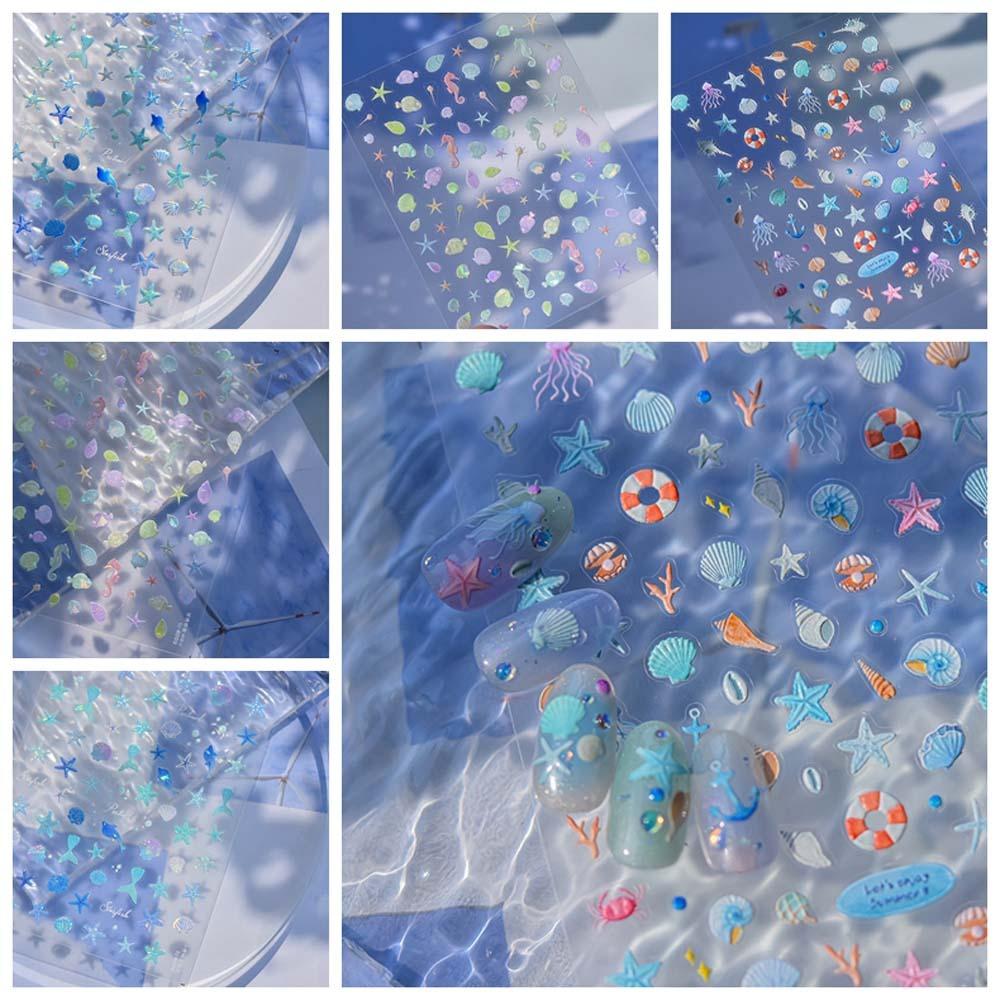 Наклейки для ногтей «Морская звезда» с изображением океана, украшения для ногтей «Синий зеленый океан», желейные наклейки для ногтей «Океан» для женщин и девочек