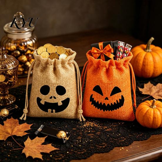 Cute Holiday Gift Sacks 2 Pcs Halloween Burlap Bags with Drawstring, Trick or Treat Ghost Face Pumpkin Prints Candy Pouch, Reusable Goodies