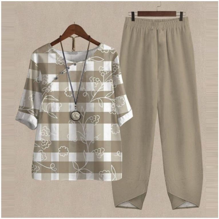 GMXIA Spring Women's Five-quarter Sleeve Printed Top and Pants Two-piece Set