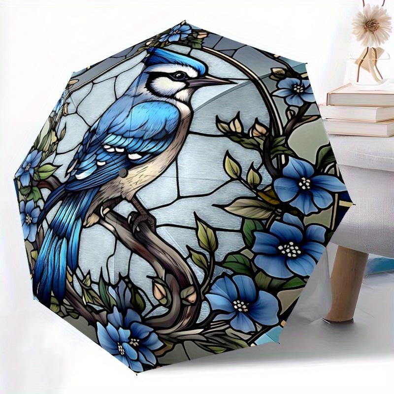 1pc Stained Glass Bird Compact Travel Umbrella, Automatic Folding Lightweight Windproof 8-Bone Reinforced Design,012119