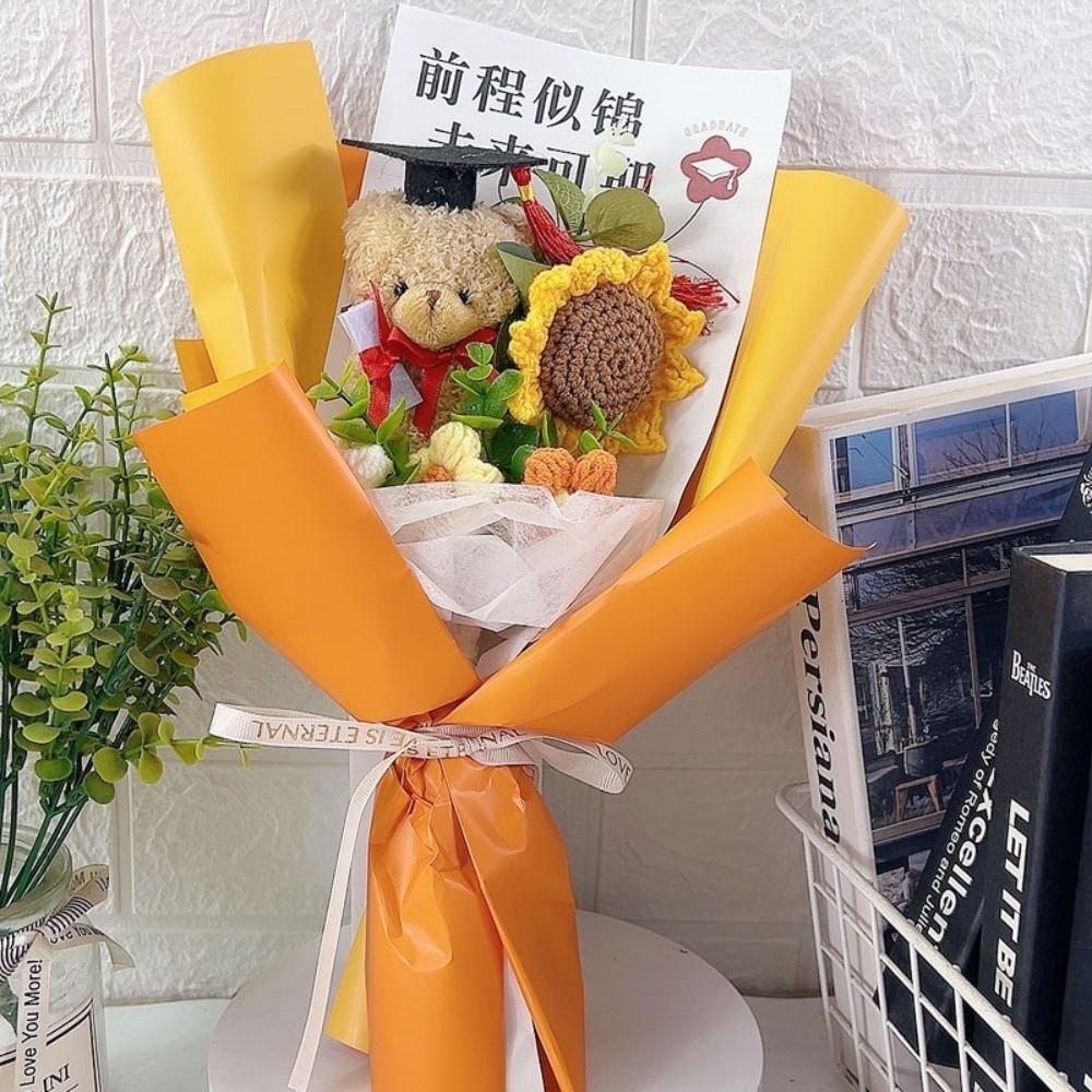 New Lovely Bear Simulated Flower Bouquet Crochet Sunflower Handmade Sunflower Flowers Animal Bouquet Graduation Ceremony