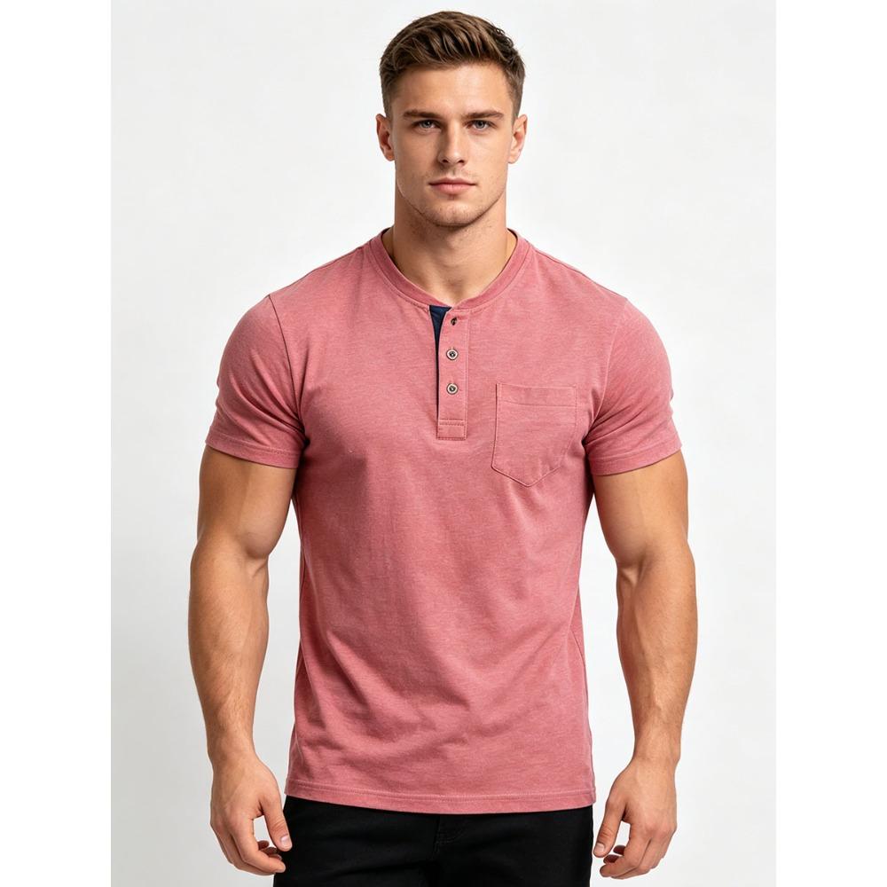 Мужская футболка-henley с коротким рукавом, 95% хлопок - Повседневная футболка с пуговицами на воротнике и карманом - Мягкий дышащий летний топ