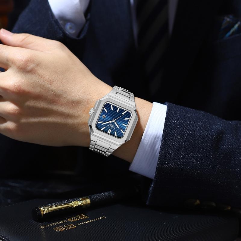 Светящиеся квадратные мужские часы Водонепроницаемые деловые мужские часы Нержавеющая сталь Кварцевые Роскошные мужские часы