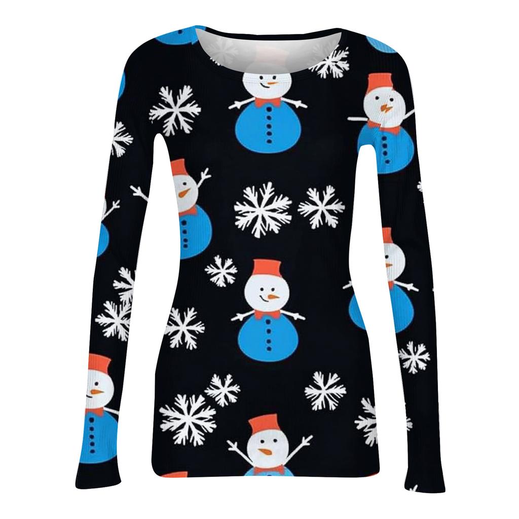 Women's Fashion Slim-Fit Round Neck Base Layer T-Shirt Christmas Print Long-Sleeved Top
