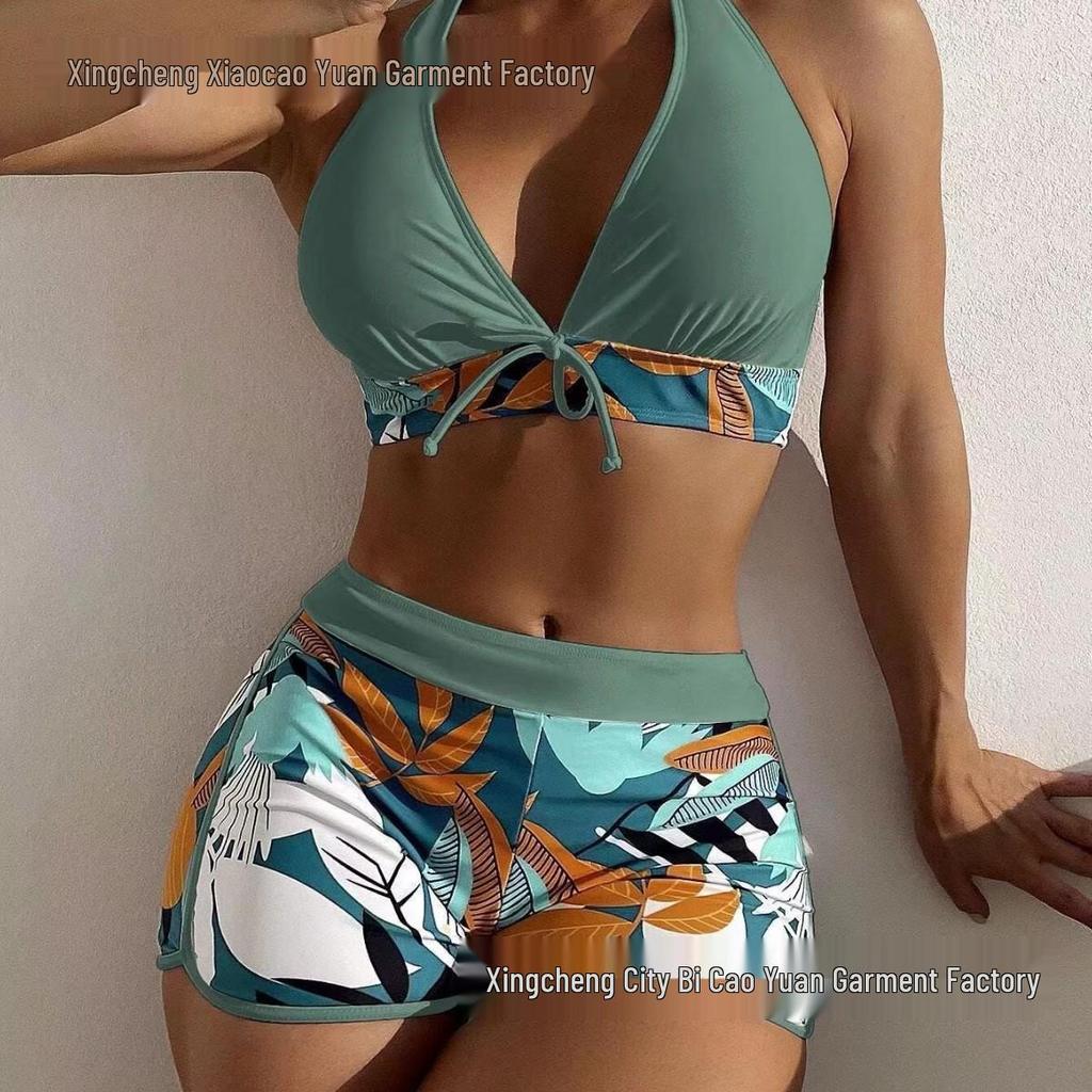 2025 Women's Fashion Halter Deep V Tie-Up Two-Piece Swimsuit Set with Printed Shorts
