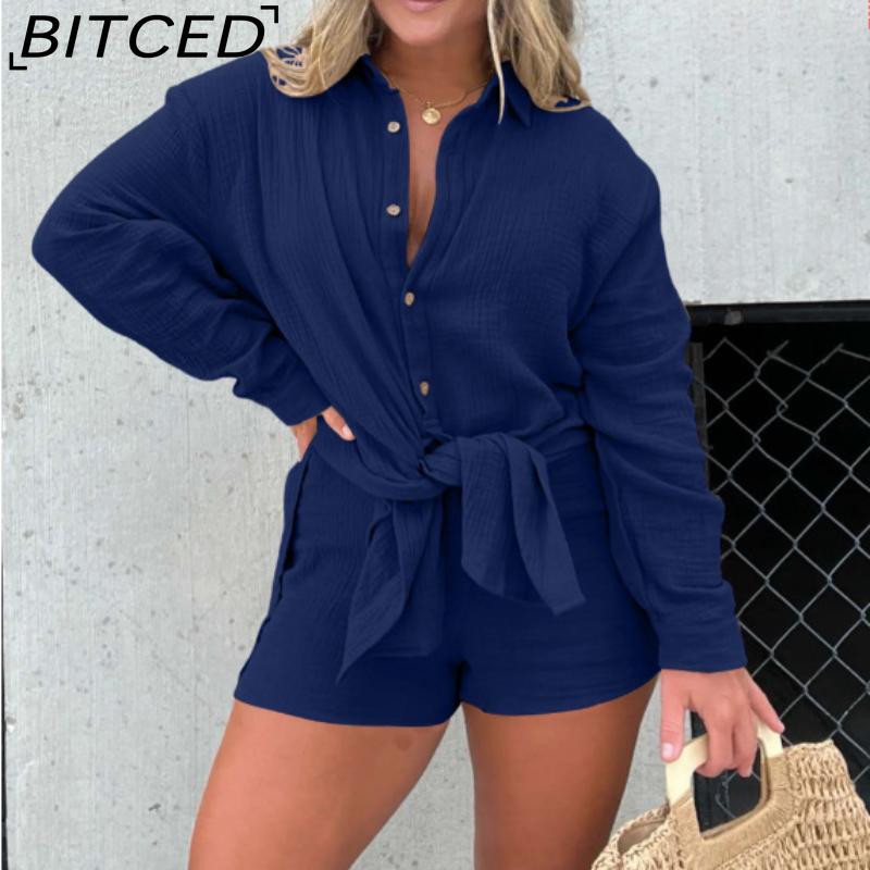 BITCED Женская рубашка из мятой ткани с длинным рукавом и шортами с высокой талией, модный повседневный комплект из двух предметов
