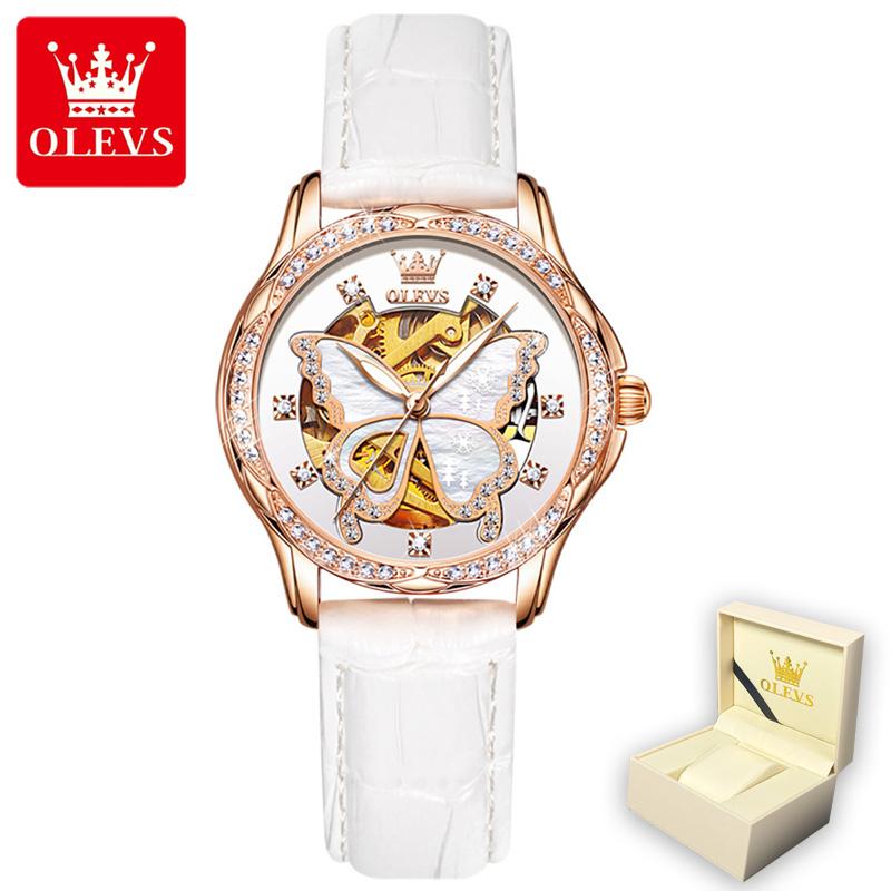 OLEVS 6622 с подарочной коробкой Часы Кожаные часы с водонепроницаемыми автоматическими механическими часами Женские часы