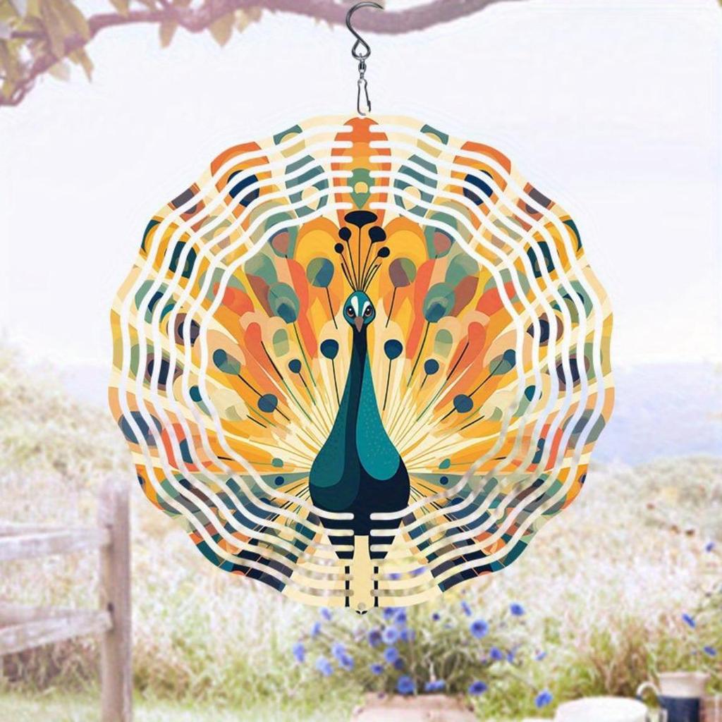 3D Metal Peacock Wind Chime – Vibrant Rotating Hook, Durable Outdoor Decor for Garden, Patio & Fall Festivals, Battery-Free Hanging Ornament
