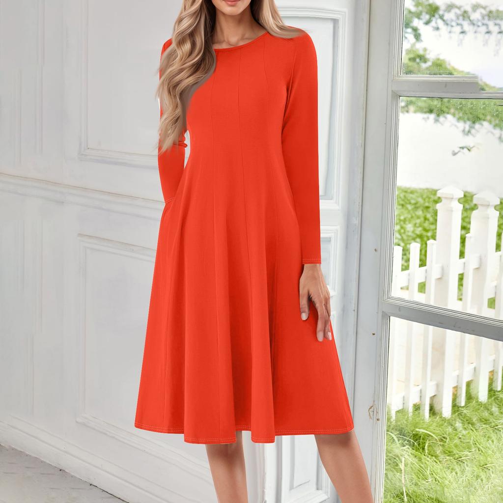 Женское повседневное модное платье миди с круглым вырезом и длинным рукавом