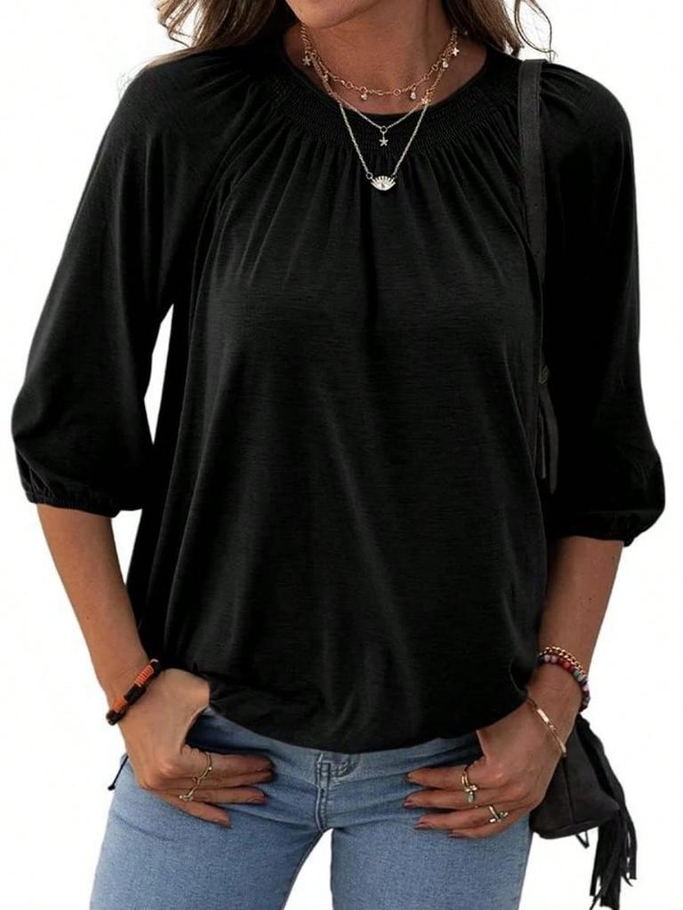 Women's Cotton Crew Neck T-Shirt Half Sleeve Loose Pleated Basic Blouse Top