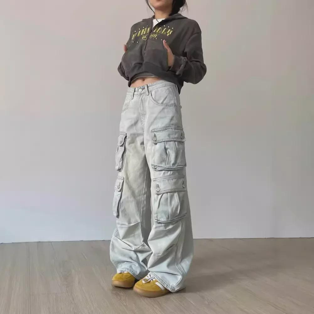 Women's Autumn Retro Straight-Leg Multi-Pocket Washed Jeans In Street-Style Casual Fit