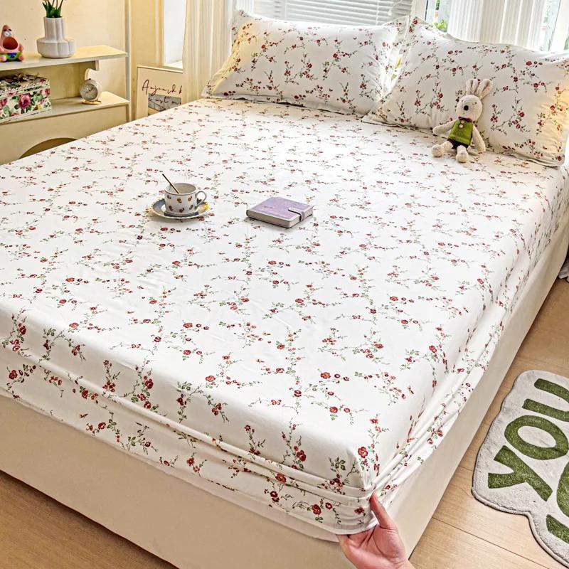 Floral Leaves Pattern Fitted Sheet Set 100% Cotton Comfortable Soft Bedding Set Plants Printed Mattress Cover with Pillowcases
