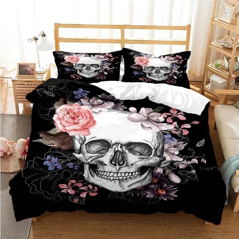 Sugar Skull Duvet Cover Set Queen Size Flowers Skeleton Bed Linen Double Bedding Set With Pillowcase King Size Skull Quilt Cover