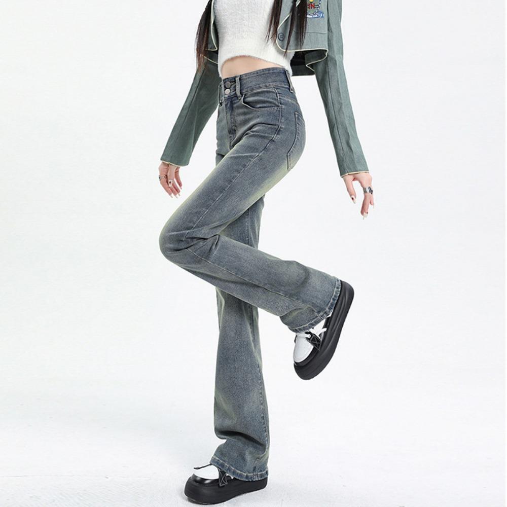 American Retro Micro-flared Jeans for Women's Winter High Waist and Thin Elastic Babes, Small Mopping Horseshoe Pants