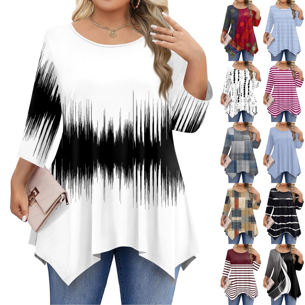 Womens Plus Size 3/4 Sleeve Shirts Round Neck Tunic Tops Basic Loose Fit Tee Tops L-5XL