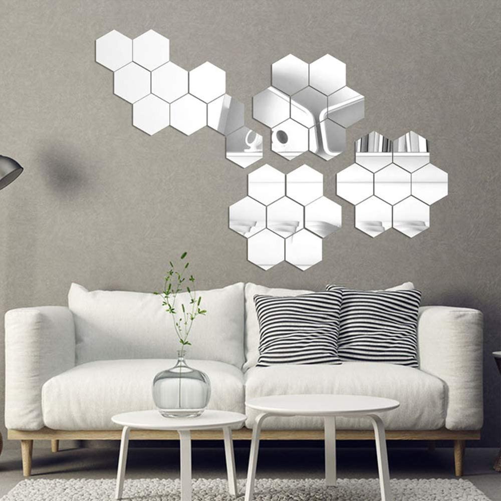 12pcs 3.15×2.76×1.57in Hexagon Mirror Wall Sticker Acrylic Self-adhesive Mirror Tile Office