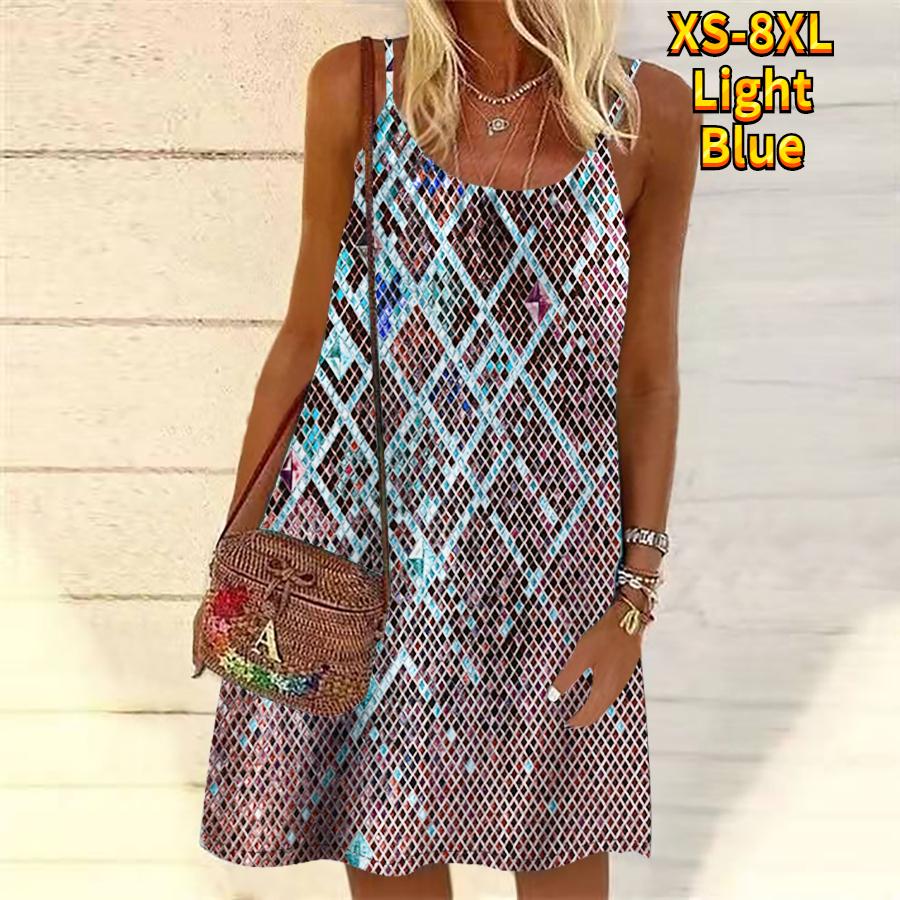 Women Flower Patterned Sequin Diamond Lattice Printed Mini Dress Sleeveless Party Dress Summer Beach Dress Sundress