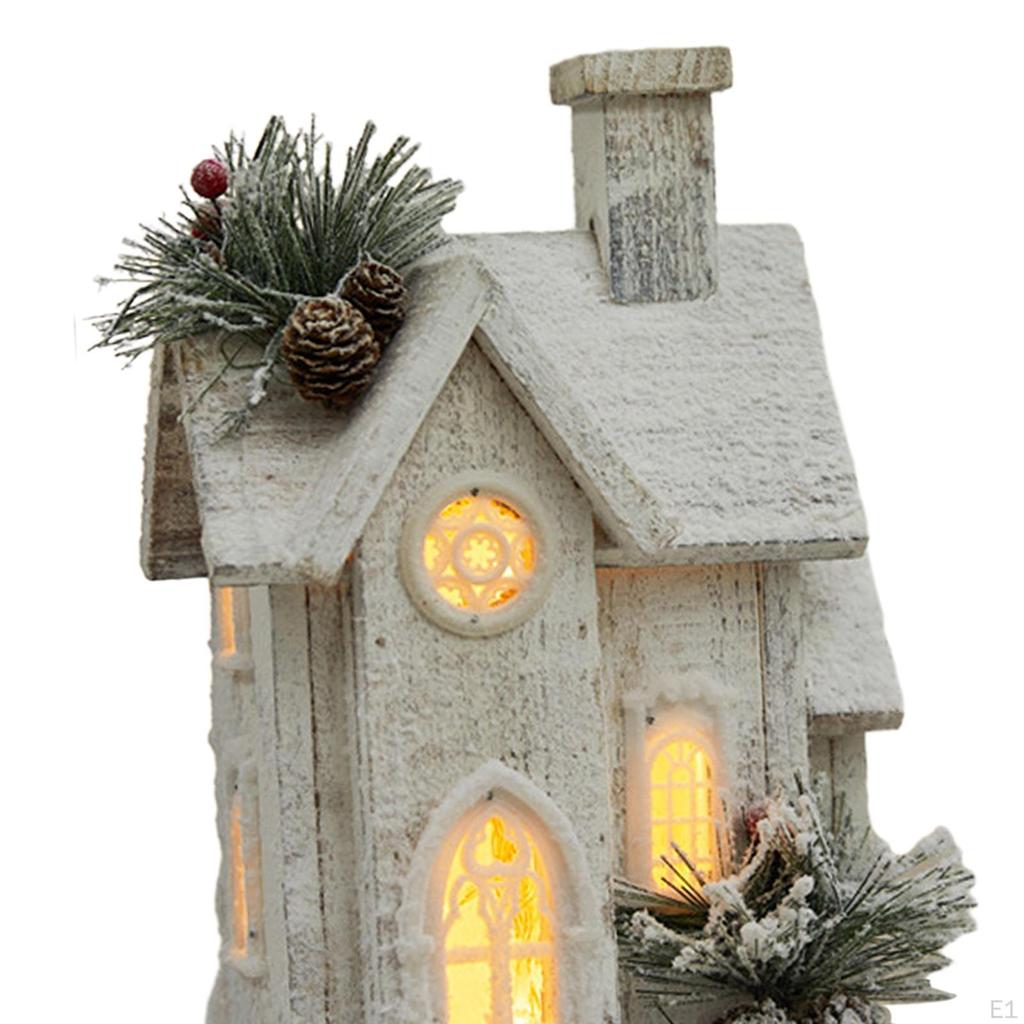 Christmas Snow House Statue Decor with Light, Craft, Wooden Village Figurine,