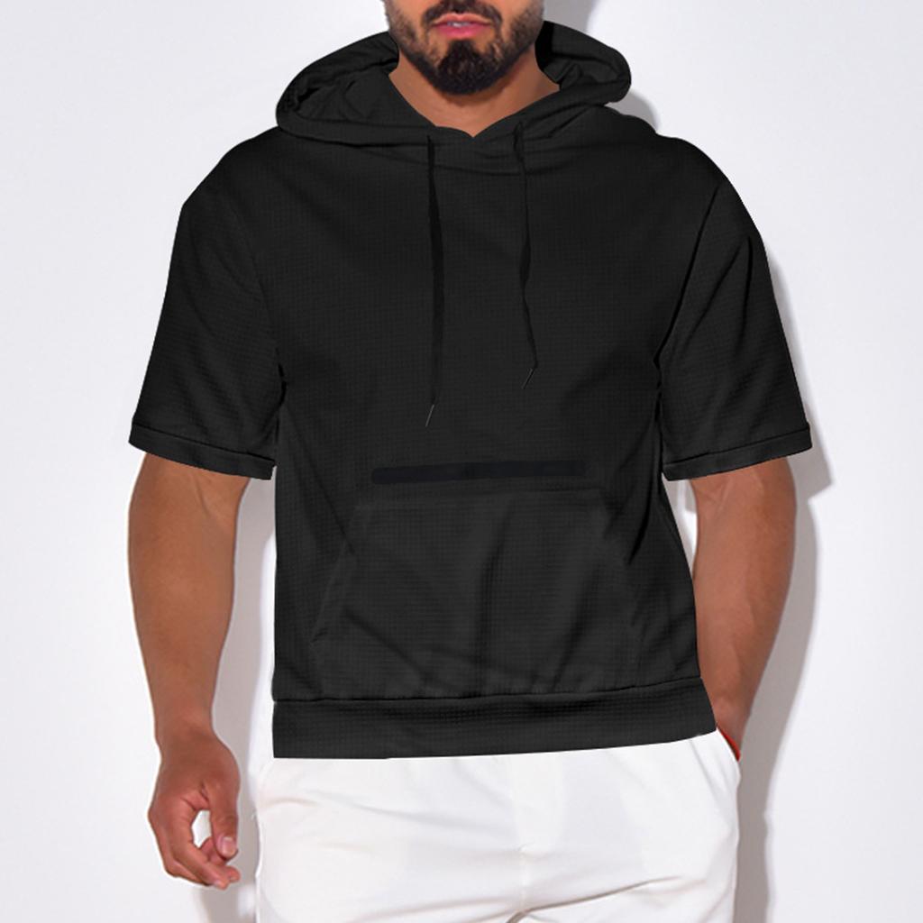 Men's Summer Fashion Sports Leisure Hooded Short Sleeve Top Solid Color Small Checkered Hoodie